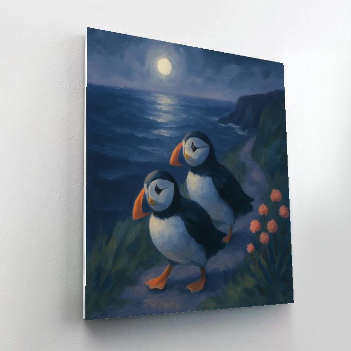Moonlit Puffins On The Cliff Path Numbered painting kits