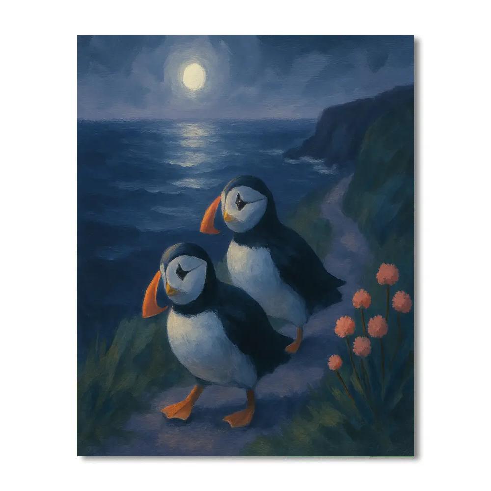 Moonlit Puffins On The Cliff Path Numbered painting kits
