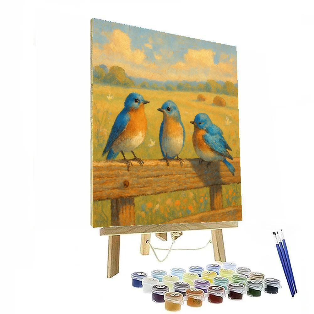 Bluebirds And The Sunlit Quilt Fence paint by color