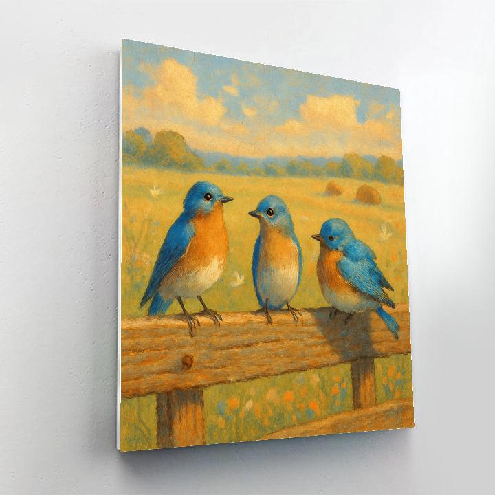 Bluebirds And The Sunlit Quilt Fence paint by color