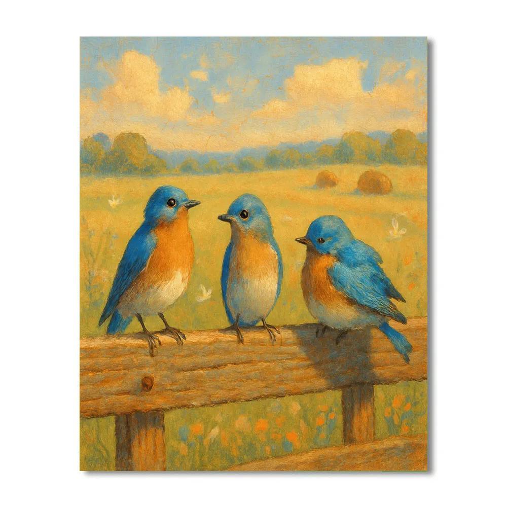 Bluebirds And The Sunlit Quilt Fence paint by color