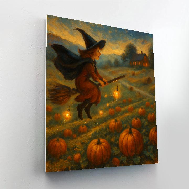 Broom Ride Over The Pumpkin Orchard Paint by numbers art