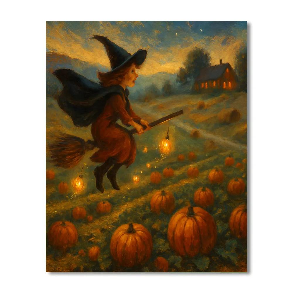 Broom Ride Over The Pumpkin Orchard Paint by numbers art
