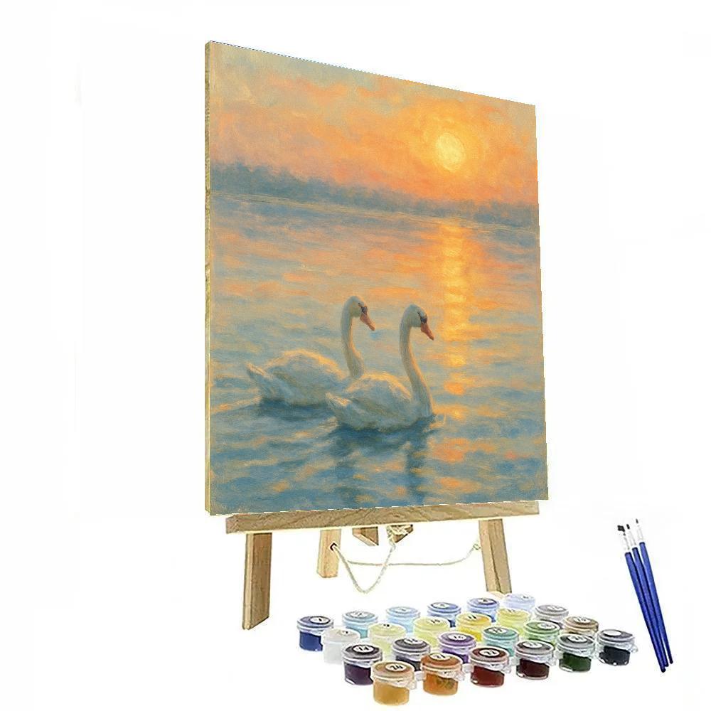 Golden Hour Swan Glide Through Glassy Water paint by number