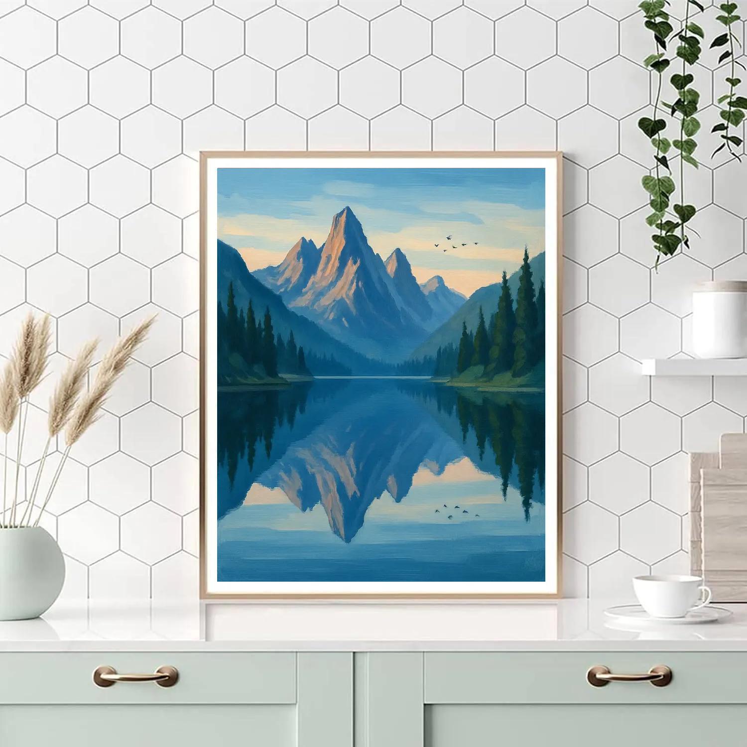 Mountain Lake Mirror With Distant Birds paint by numbers