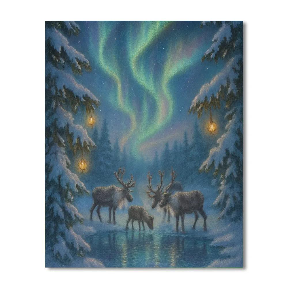 Northern Lights Reindeer Gathering Paint by numbers art