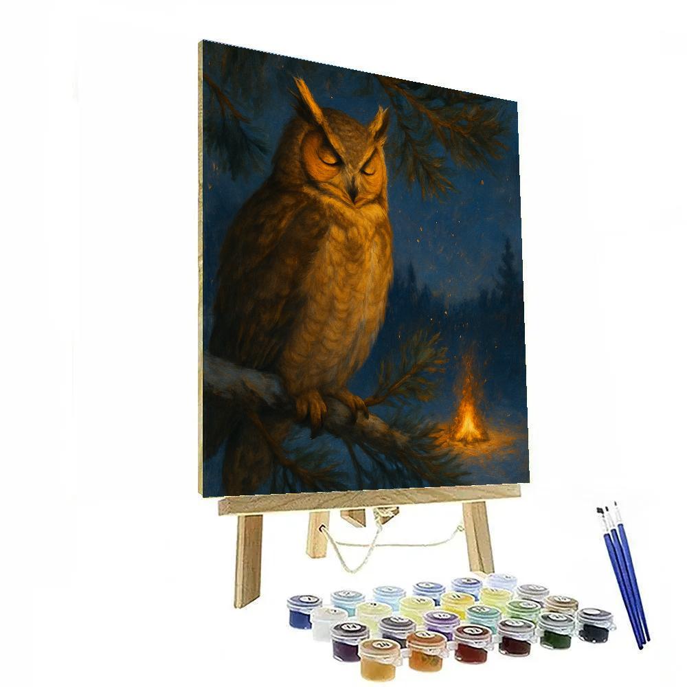 Firelight Pines And The Resting Great Horned Owl paint by numbers