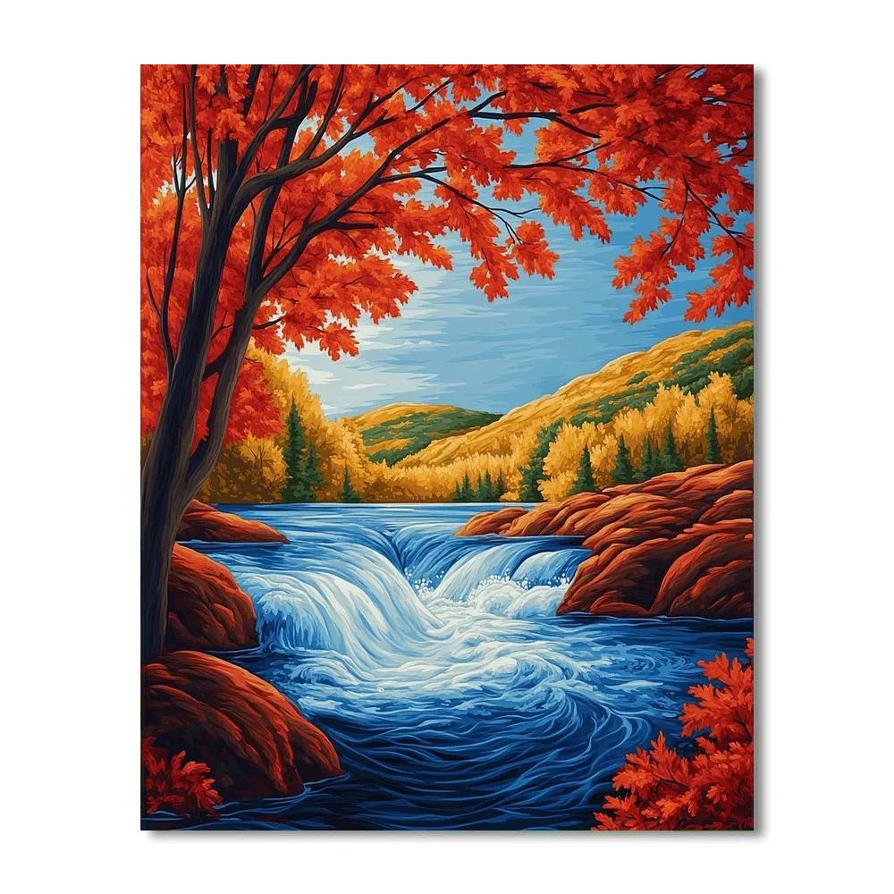 A.Y. Jackson Inspired Autumn Rapids Through Red Maple Screens paint by color