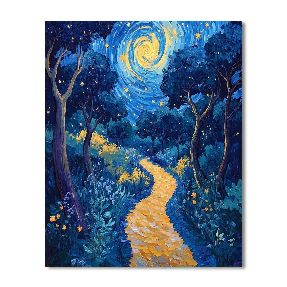 Van Gogh Inspired Starry Forest Path paint by number