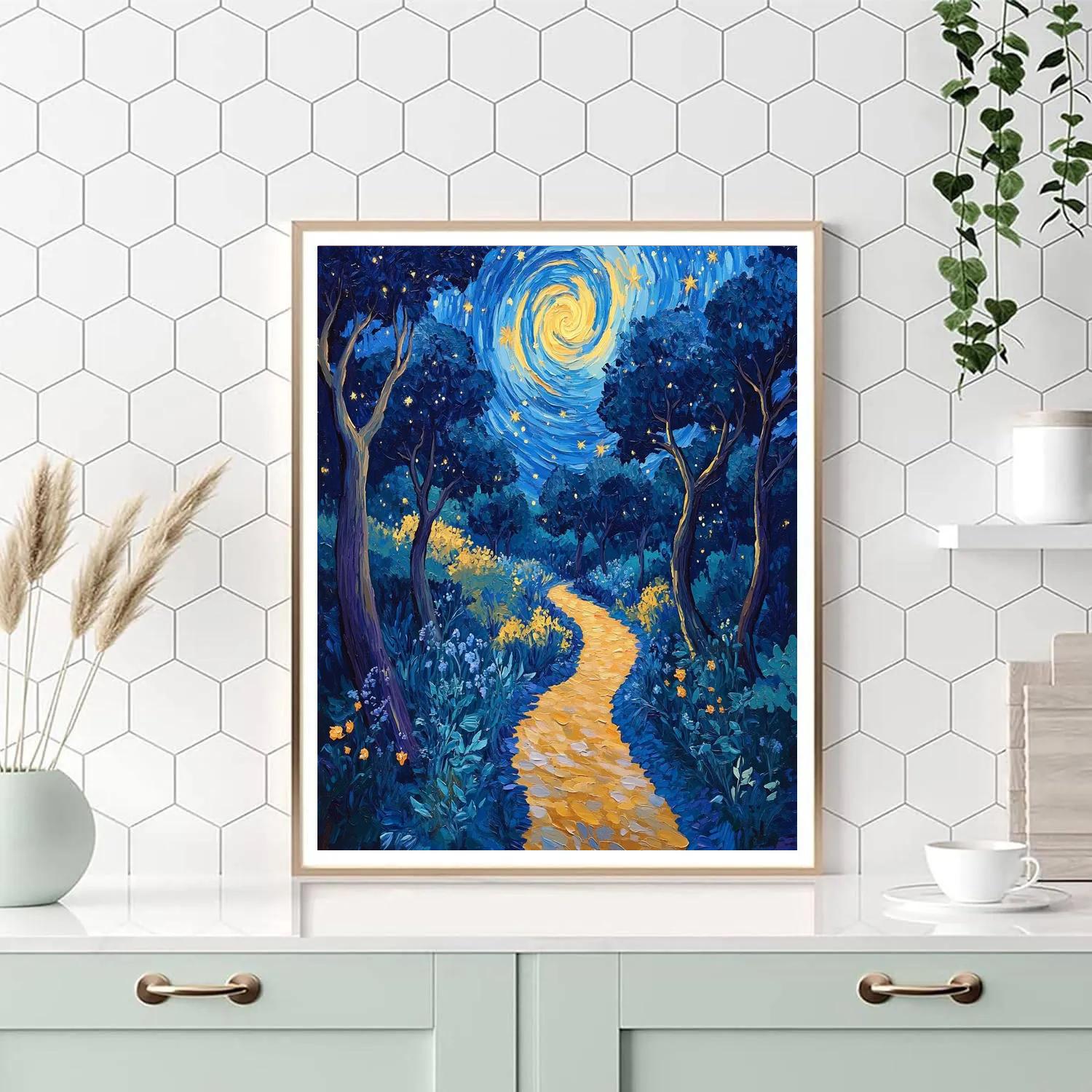 Van Gogh Inspired Starry Forest Path paint by number