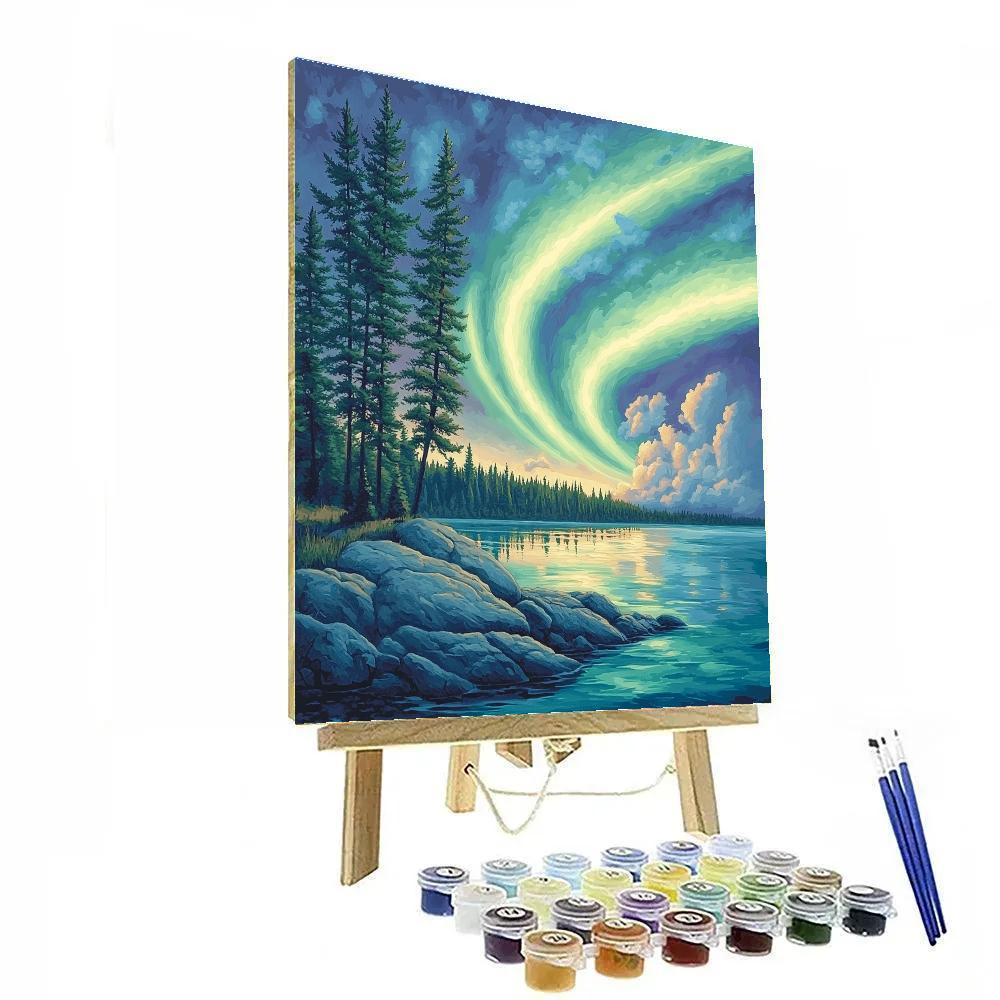 Franklin Carmichael Inspired Aurora Over Granite Shoreline paint by number