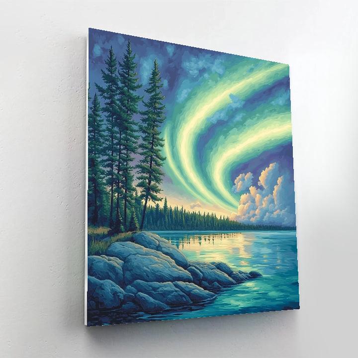Franklin Carmichael Inspired Aurora Over Granite Shoreline paint by number