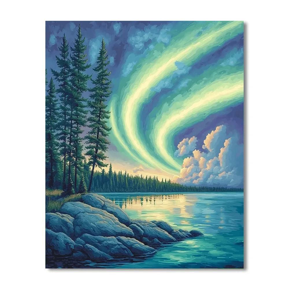 Franklin Carmichael Inspired Aurora Over Granite Shoreline paint by number