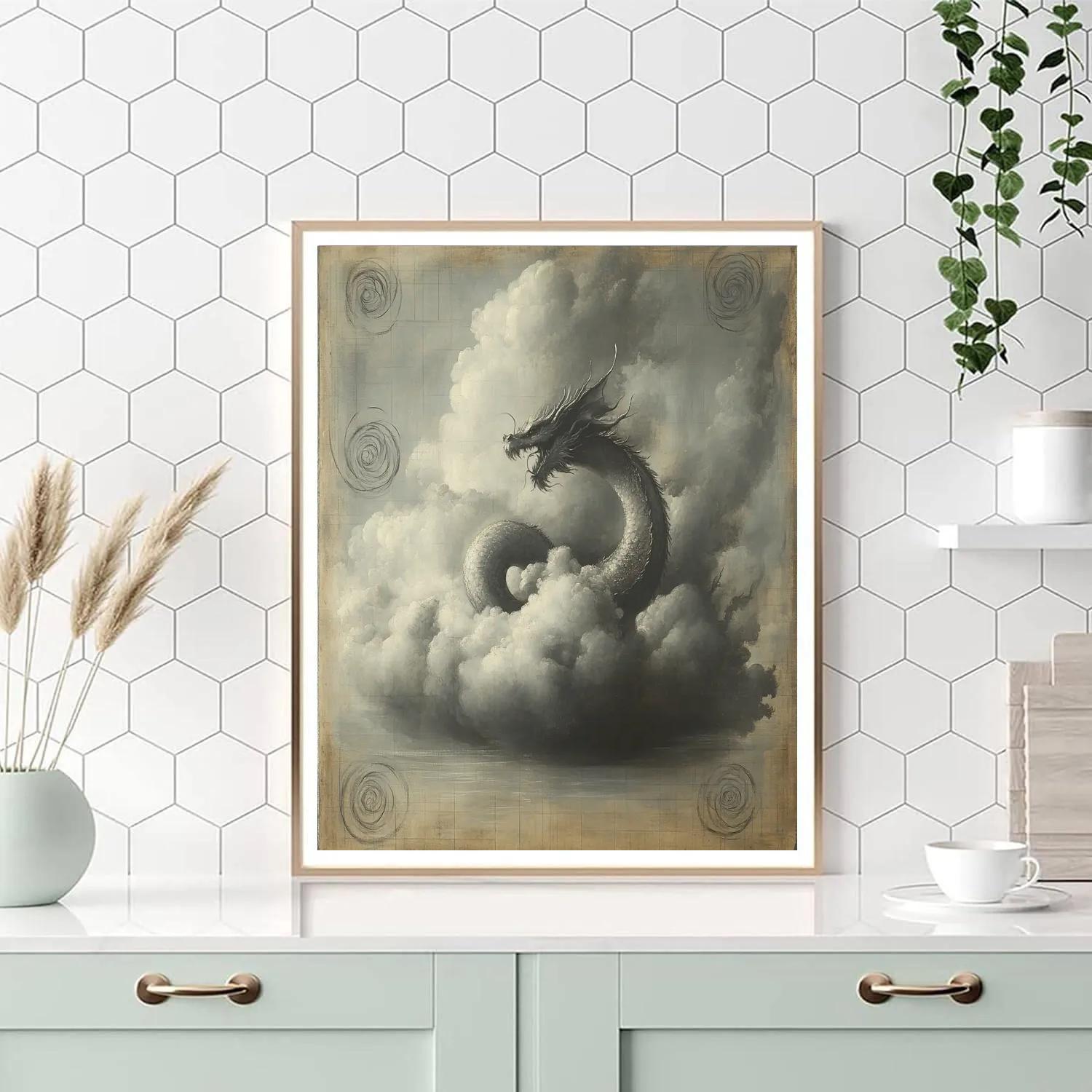 Leonardo Da Vinci Inspired Mythic Dragon As Storm Cloud paint by number