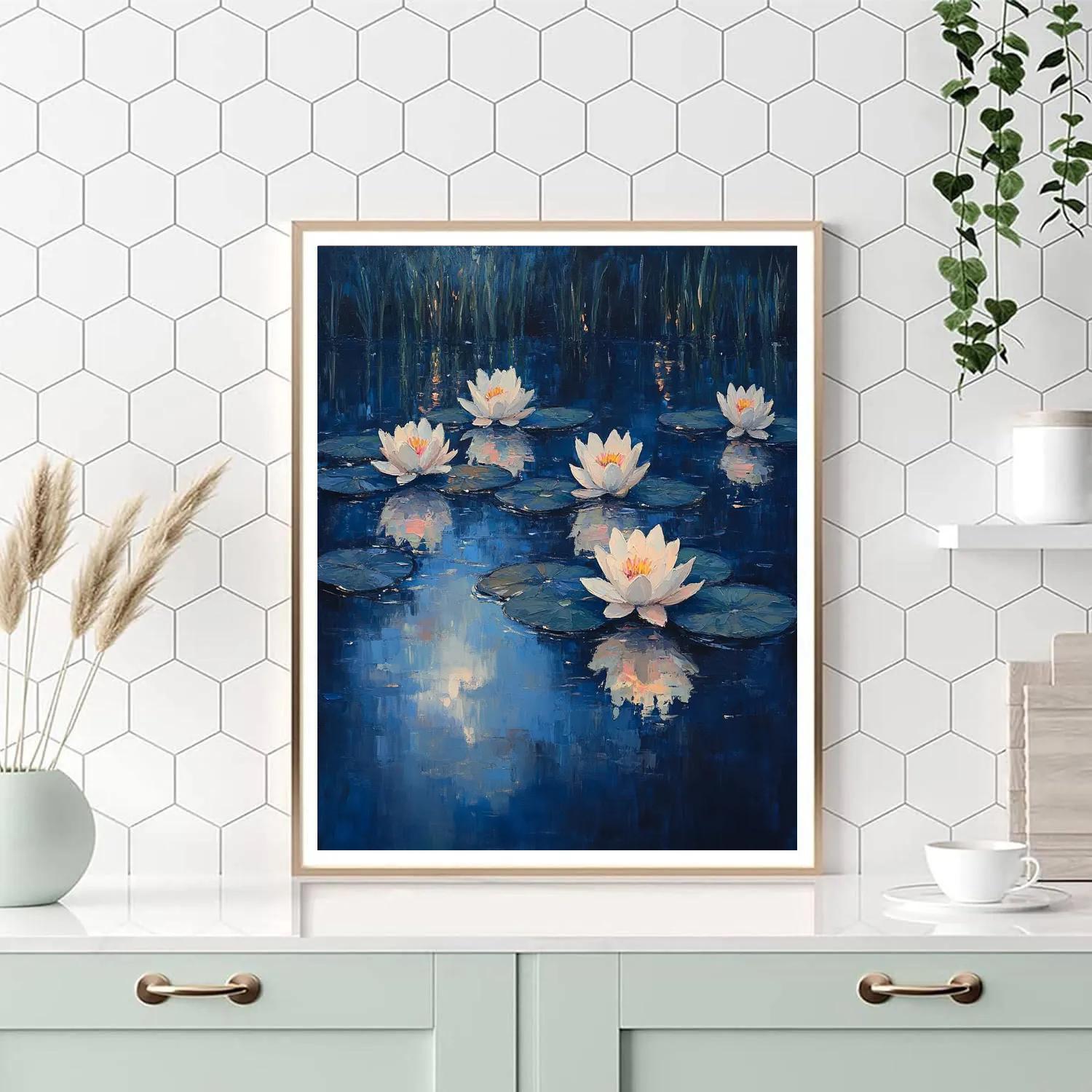 Claude Monet Inspired Twilight Water Garden In Indigo Calm Painting by numbers kit
