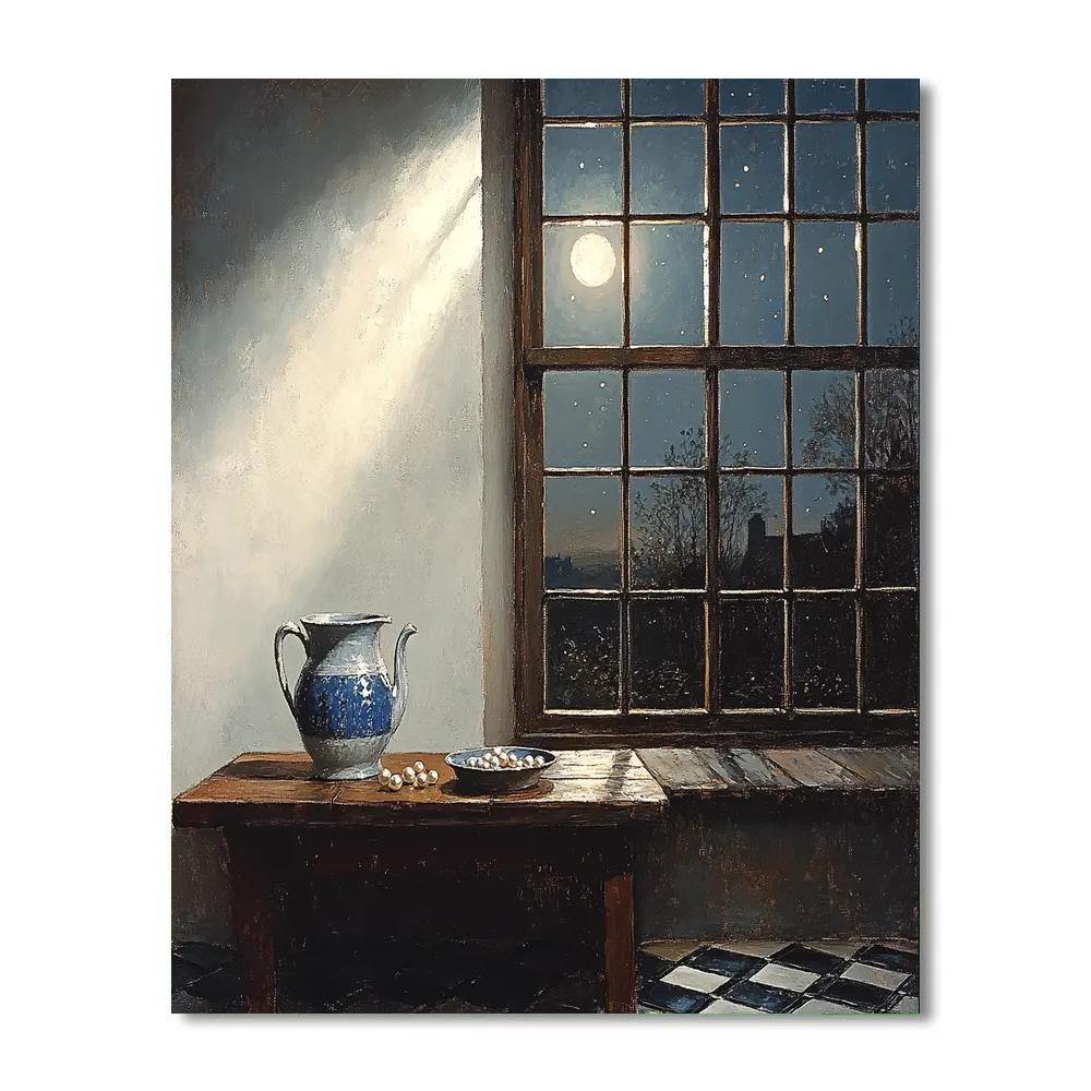 Johannes Vermeer Inspired Moonlit Delft Window And Pearl Still Life paint by numbers