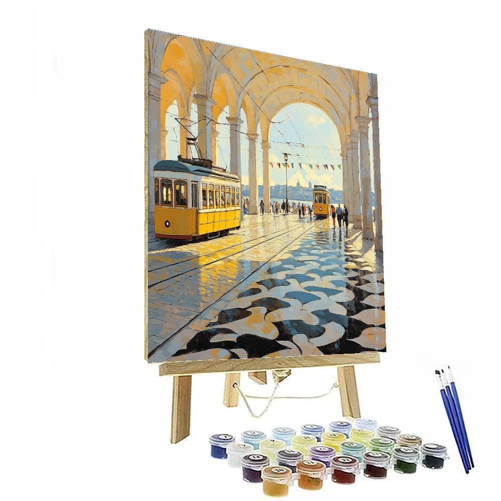 Pastel Trams And Tiles At Praca Do Comercio Lisbon Portugal DIY paint by numbers