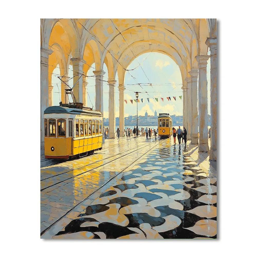 Pastel Trams And Tiles At Praca Do Comercio Lisbon Portugal DIY paint by numbers