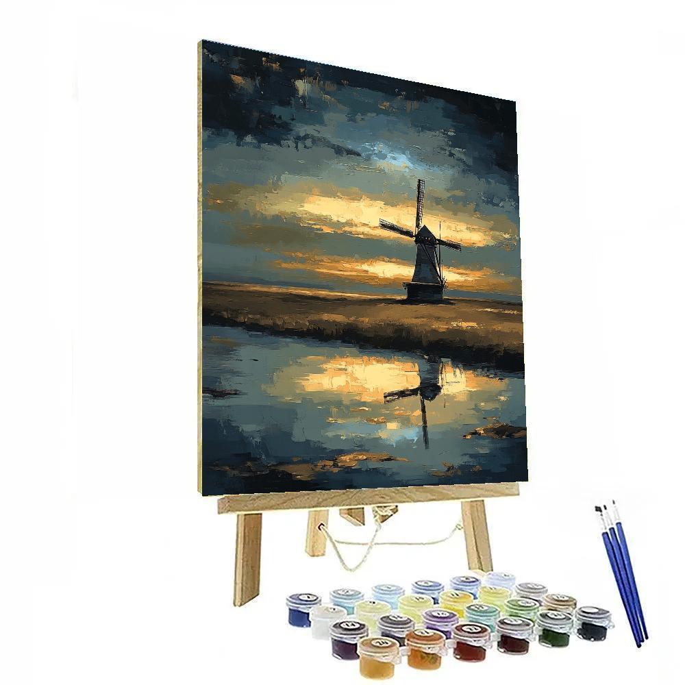 Rembrandt Inspired Aurora Toned Twilight Over Windmill Silhouette paint by color