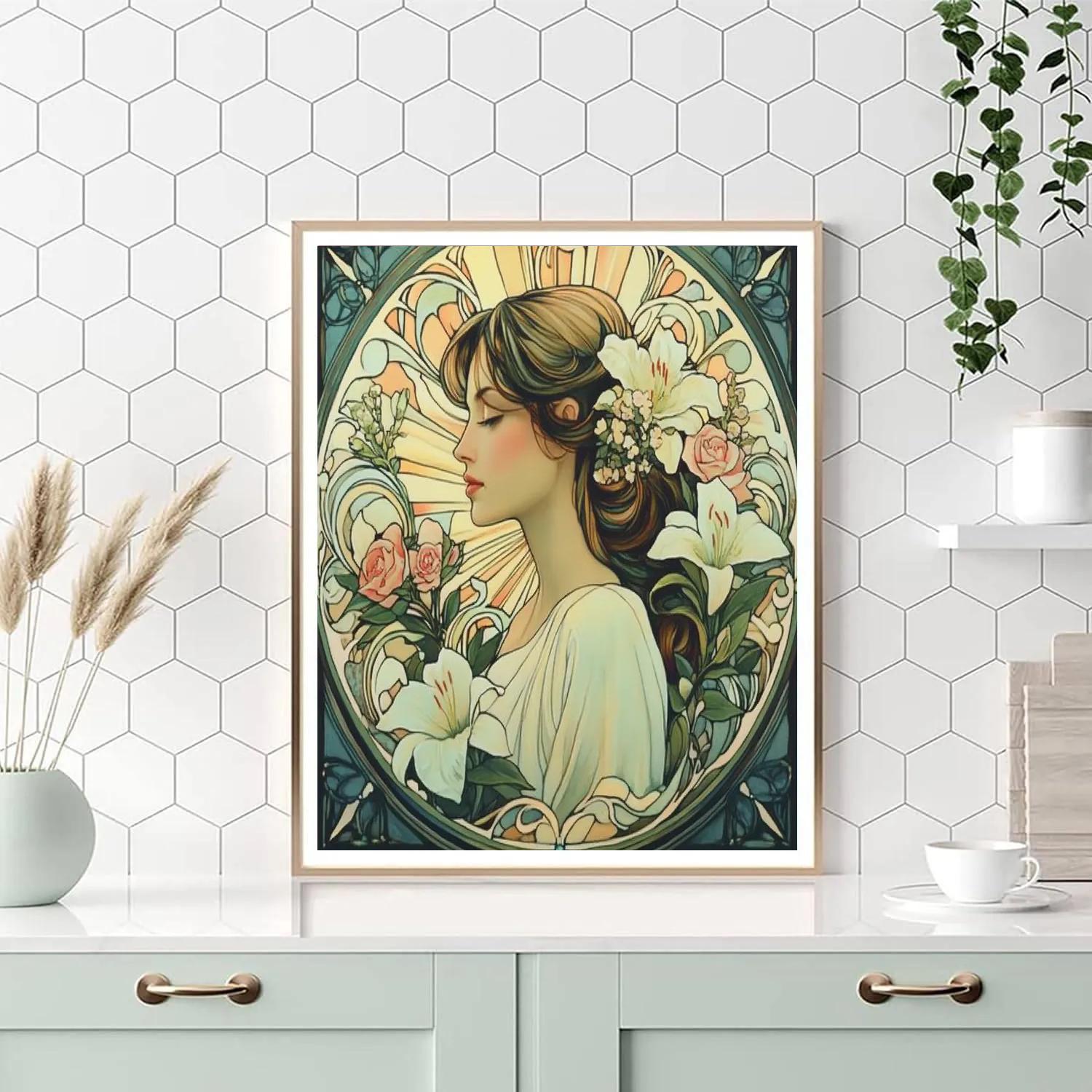 Alphonse Mucha Inspired Art Nouveau Floral Portrait Painting by numbers kit