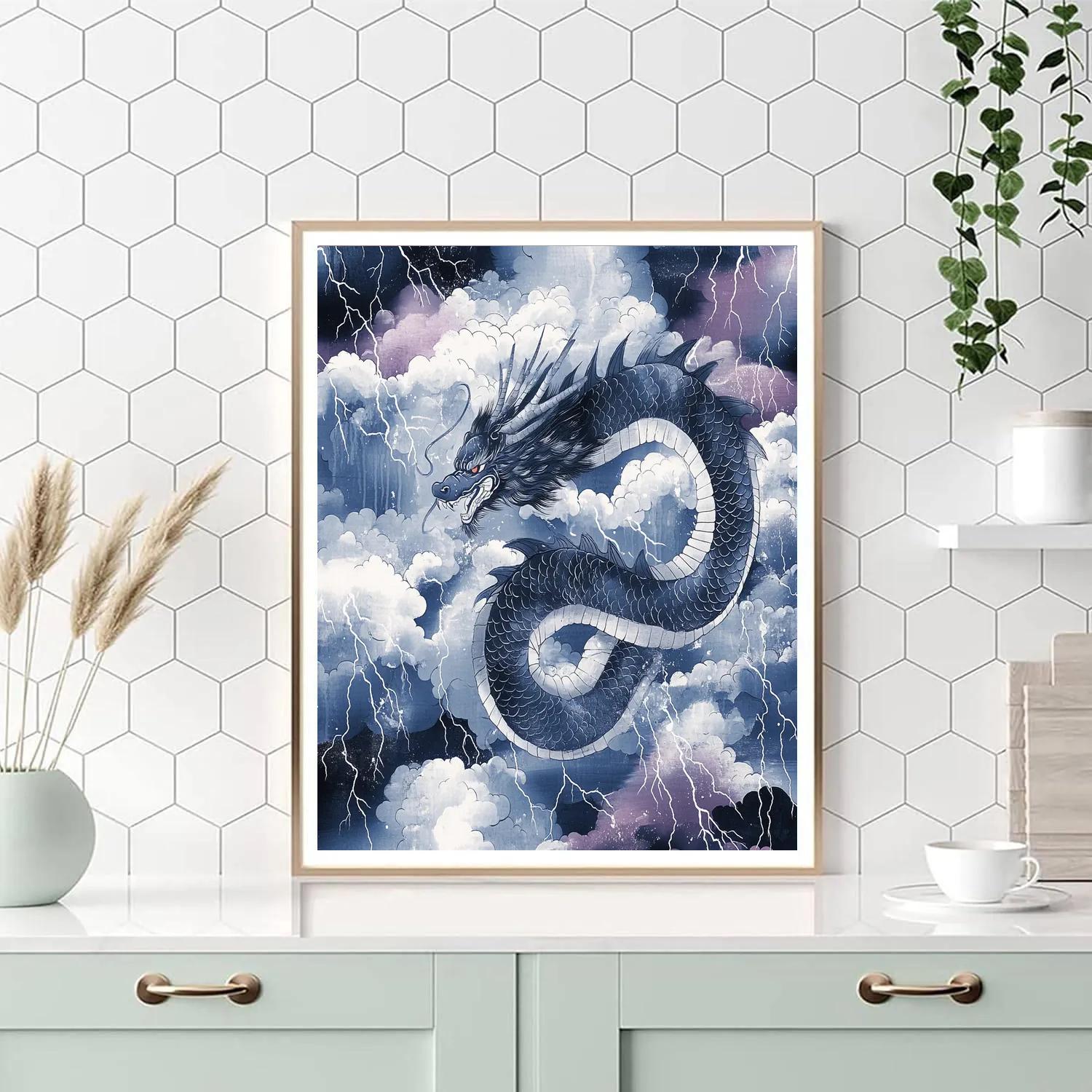 Hokusai Inspired Dragon Among Storm Clouds DIY paint by numbers