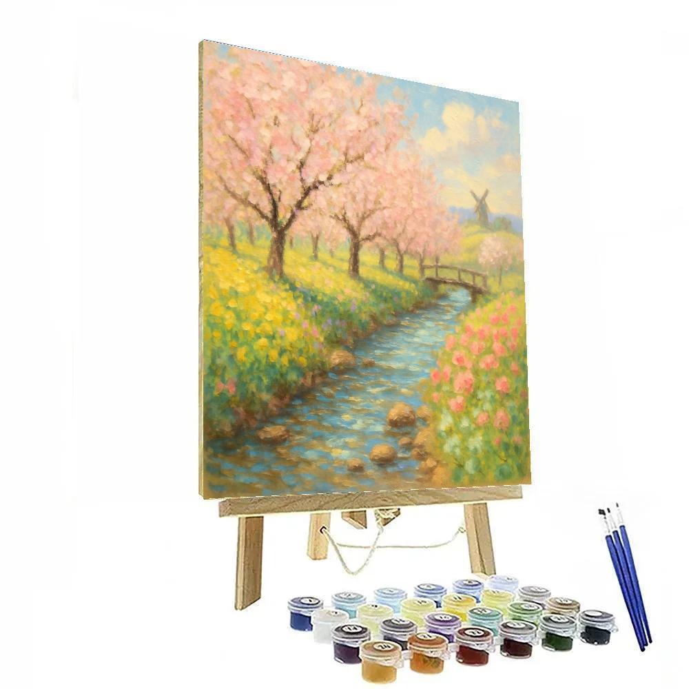 Sunlit Orchard Creek With Wildflower Banks And Distant Windmill Hills paint by number