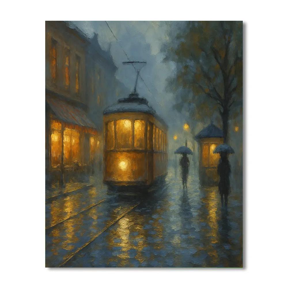 Rainy Tramline Glow Through The Old District Number painting