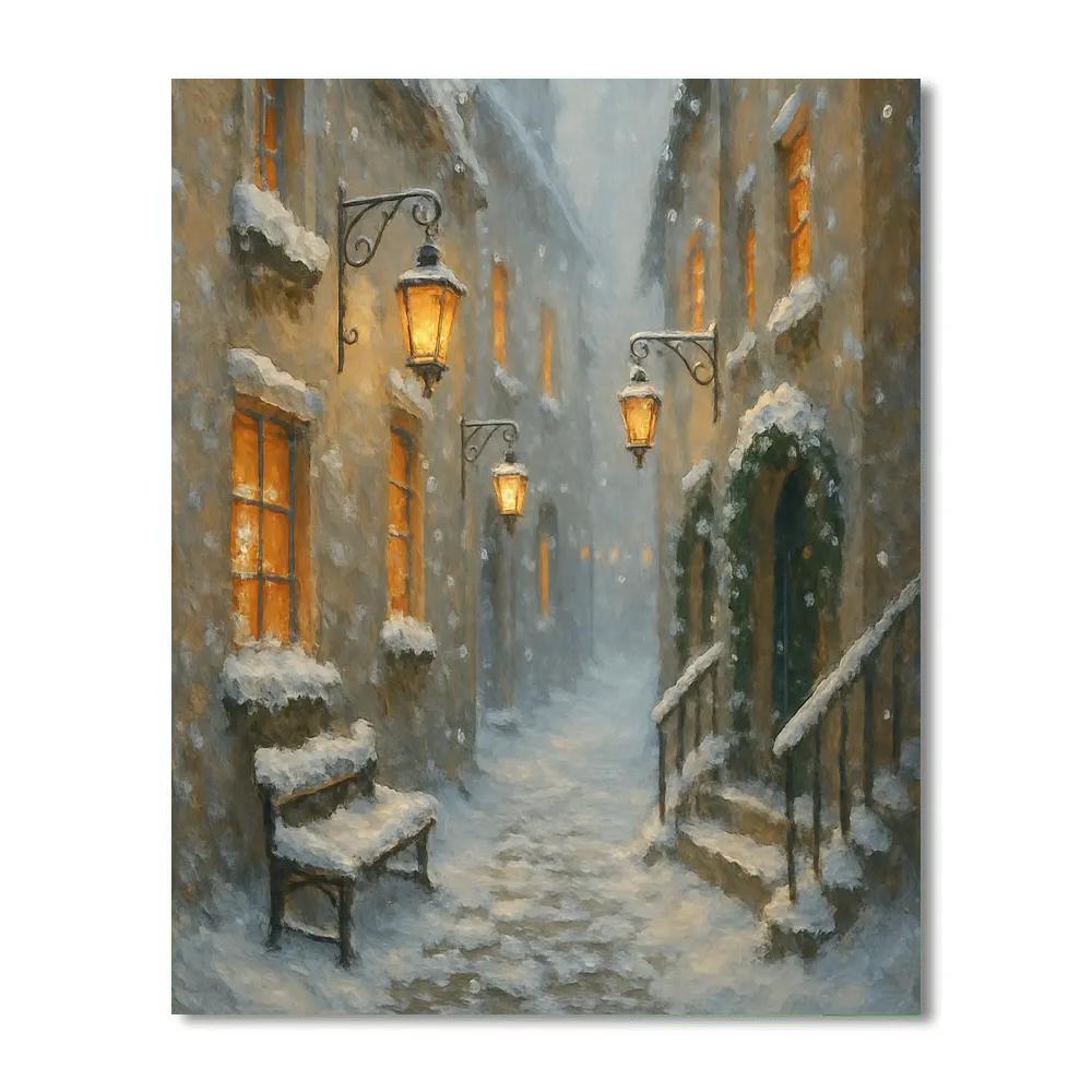 Snowfall Lantern Alley With Warm Windows Paint by numbers kits