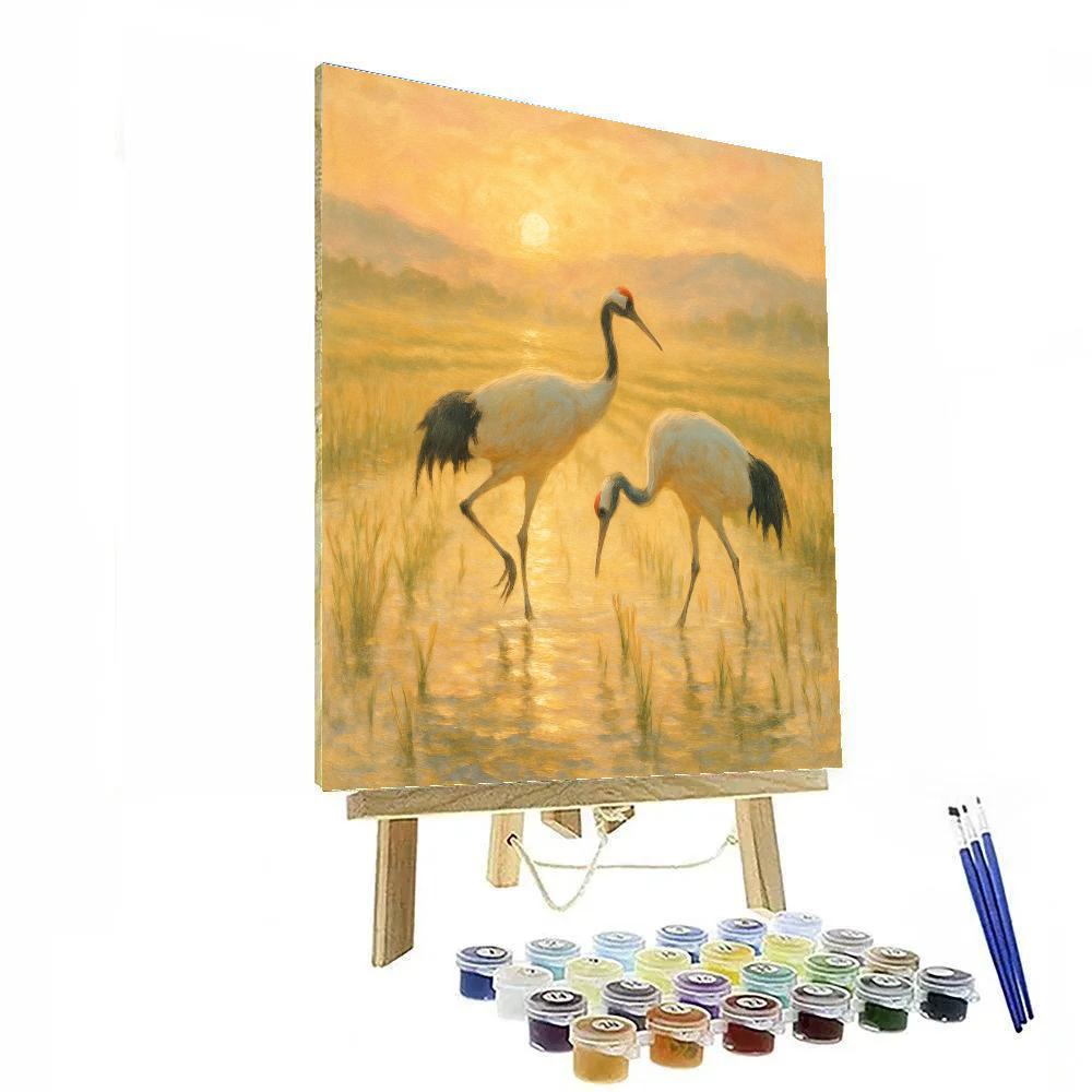 Sunrise Cranes In The Quiet Rice Fields paint by color