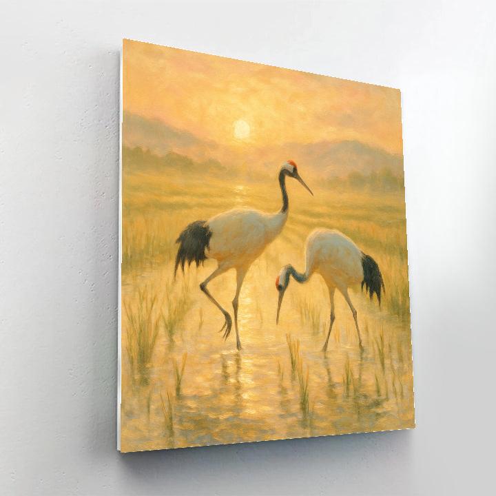 Sunrise Cranes In The Quiet Rice Fields paint by color