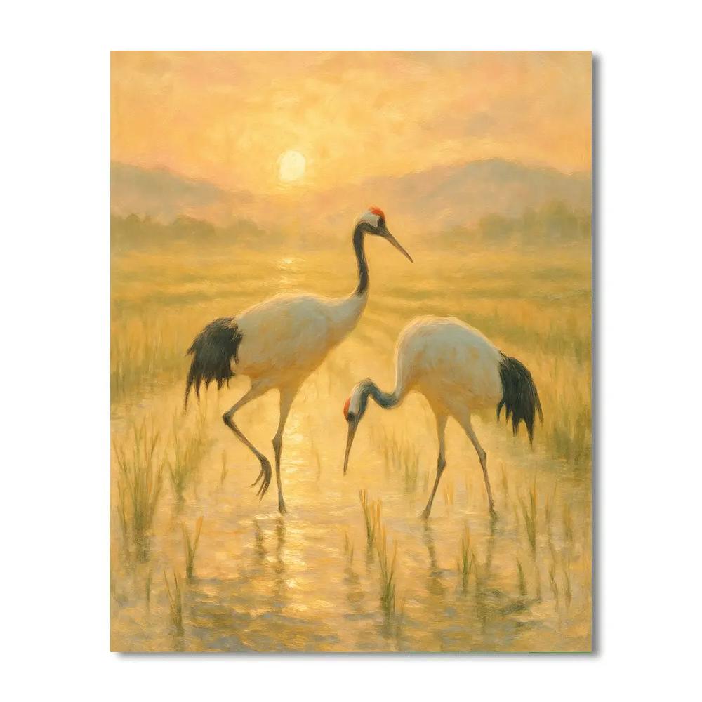 Sunrise Cranes In The Quiet Rice Fields paint by color