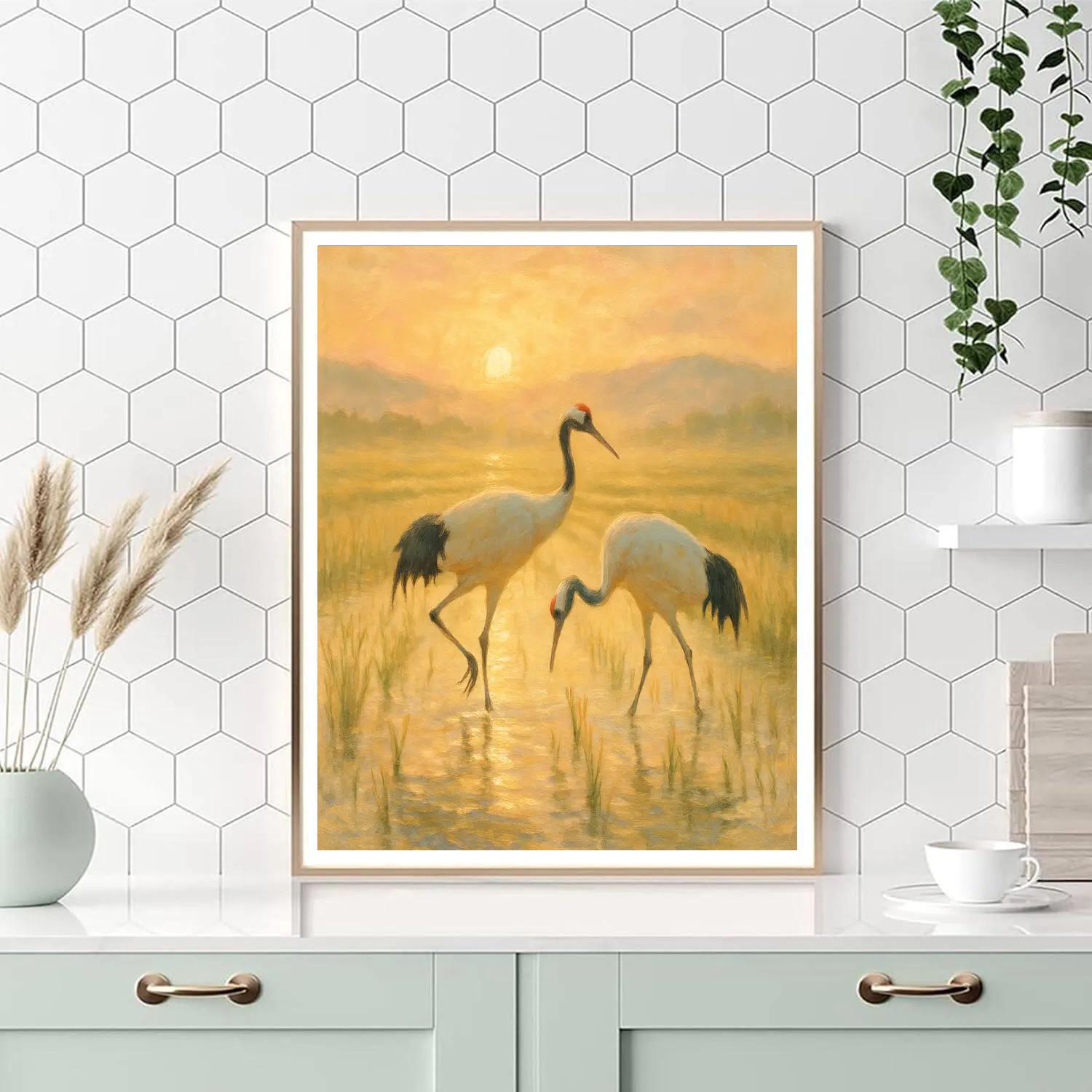 Sunrise Cranes In The Quiet Rice Fields paint by color