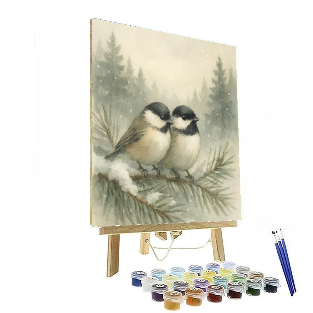 Pine Shadow Chickadees In Gentle Snowfall paint by number