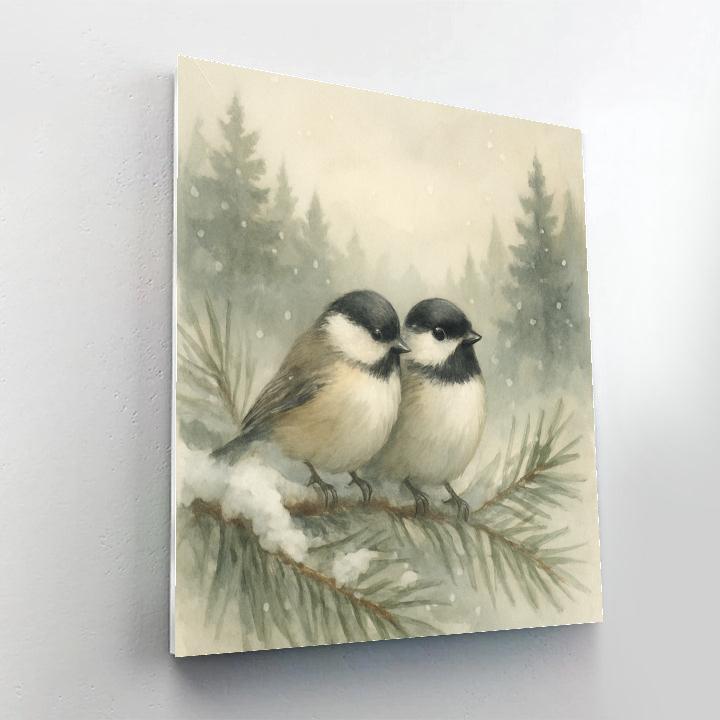 Pine Shadow Chickadees In Gentle Snowfall paint by number