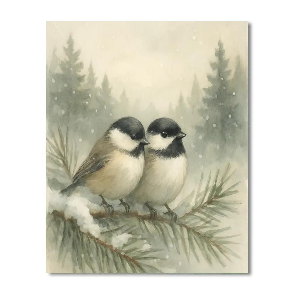 Pine Shadow Chickadees In Gentle Snowfall paint by number