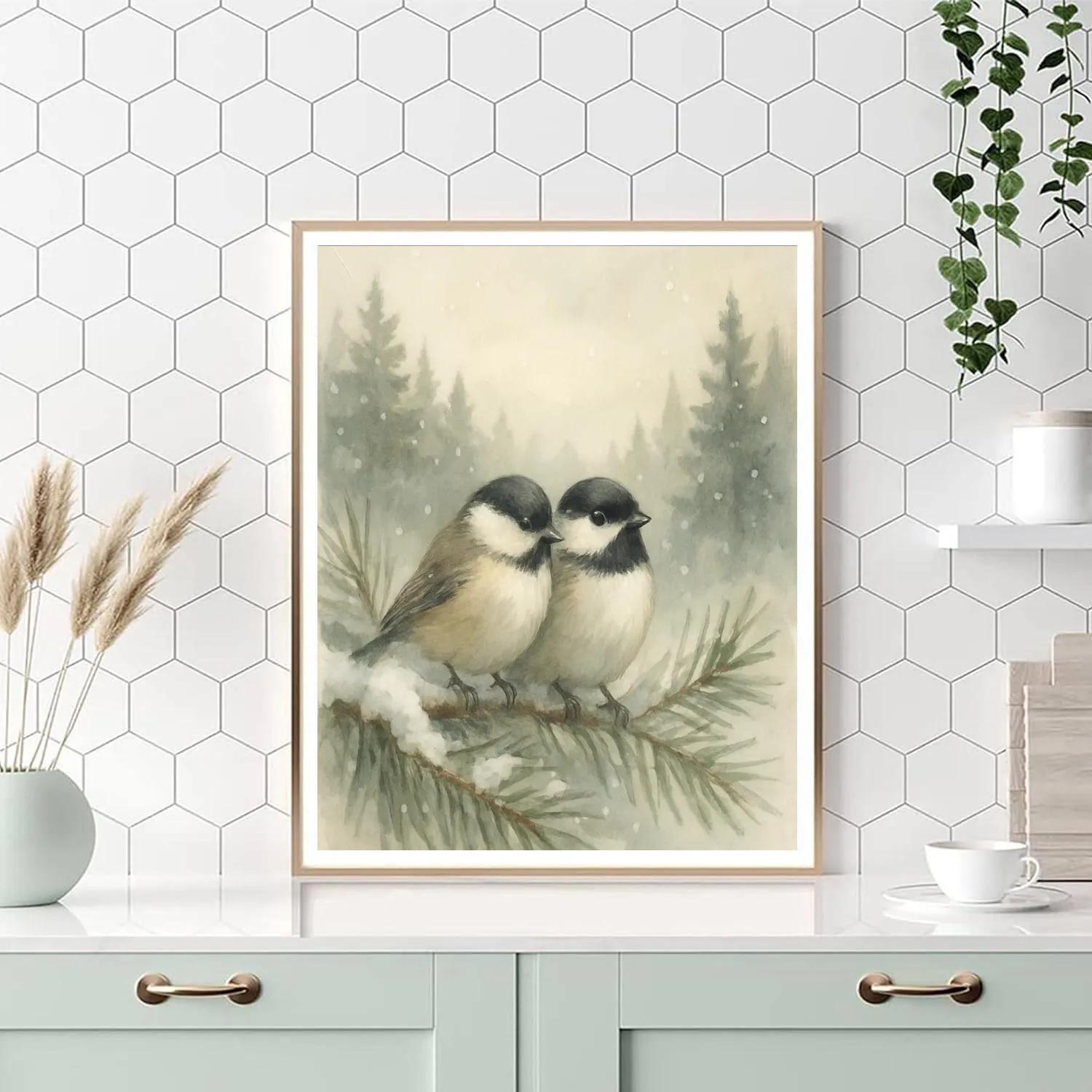 Pine Shadow Chickadees In Gentle Snowfall paint by number