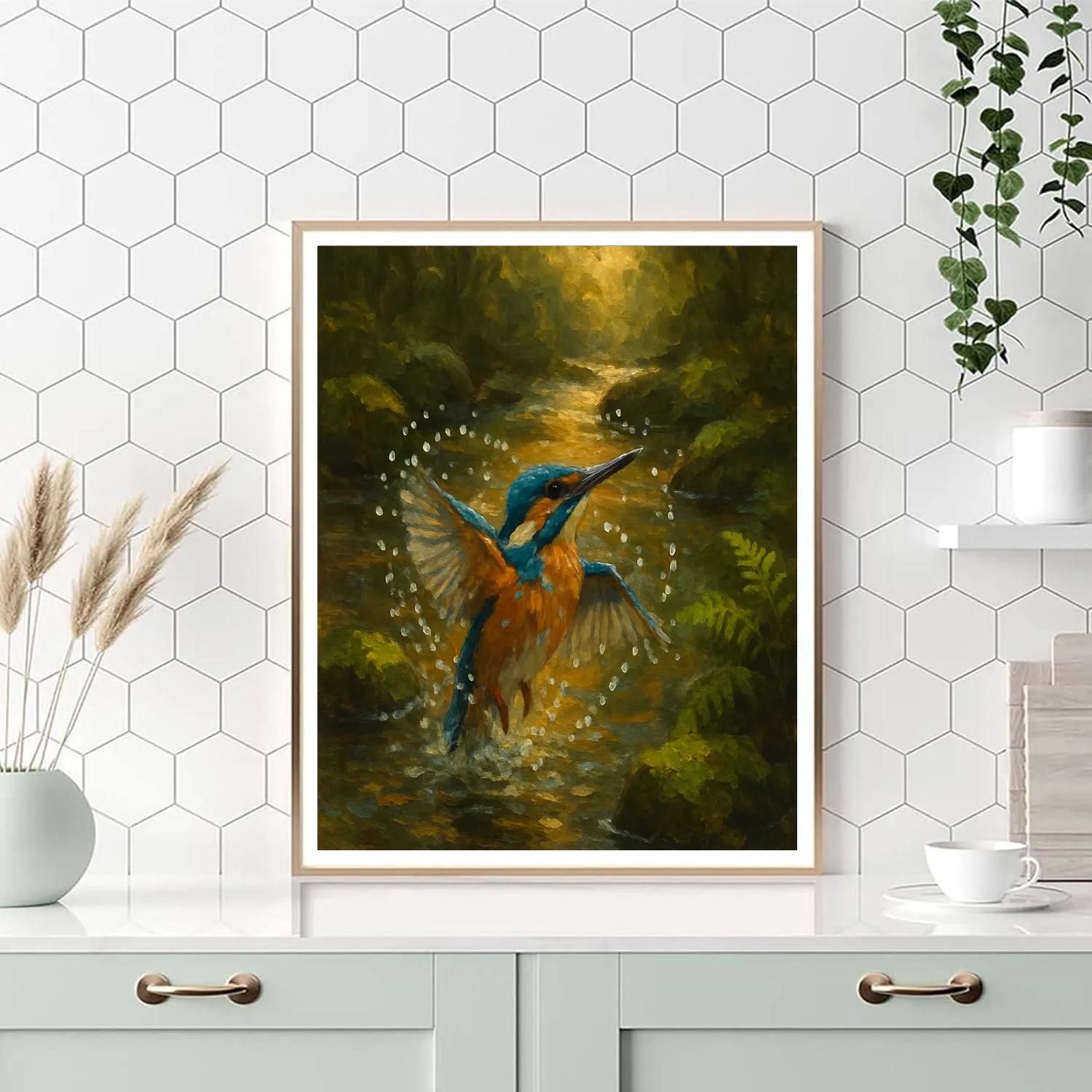 Kingfisher Splash Over The Amber Stream paint by number