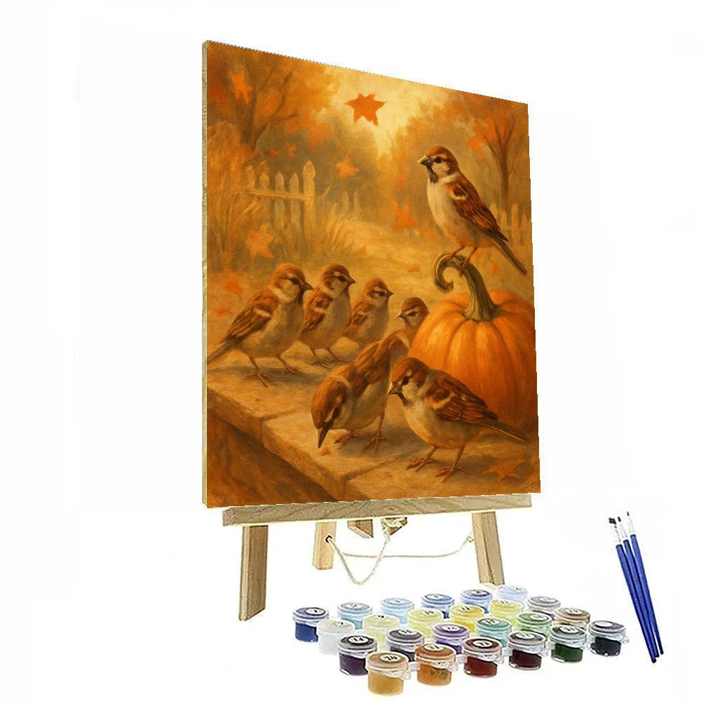 Autumn Porch Sparrows Among Falling Leaves Painting by numbers kit