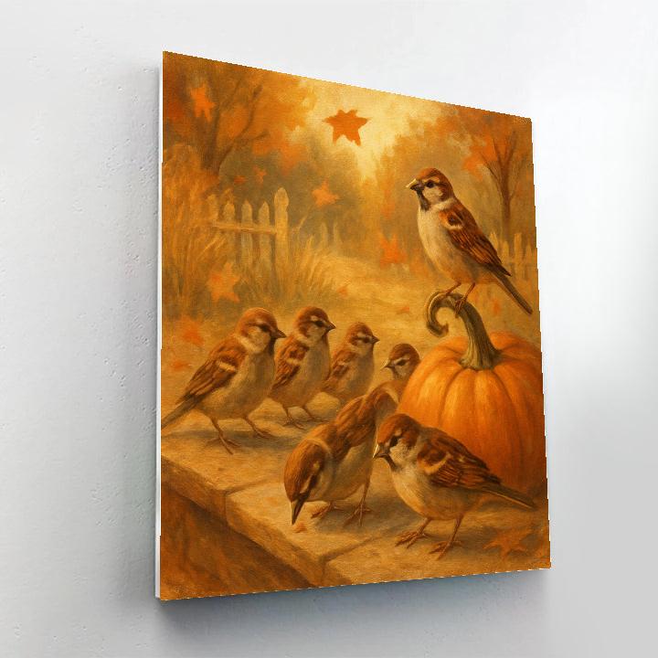 Autumn Porch Sparrows Among Falling Leaves Painting by numbers kit