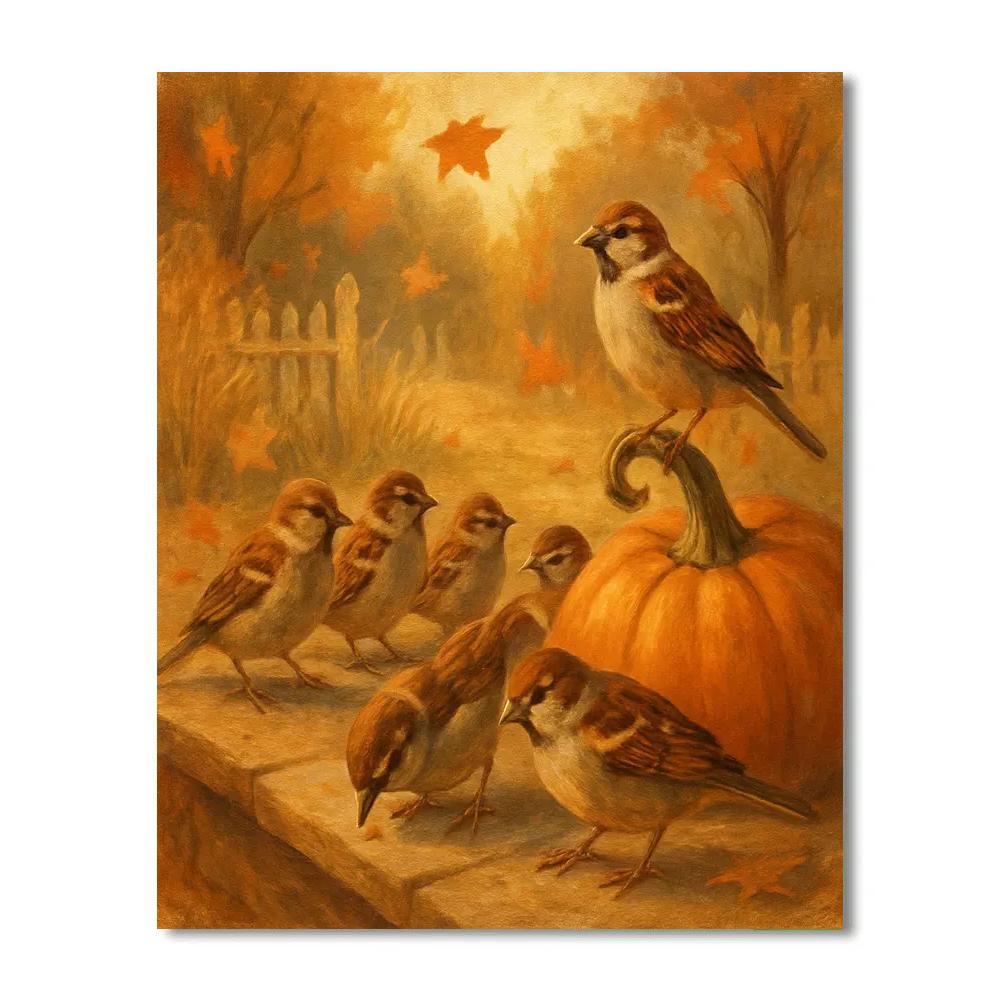 Autumn Porch Sparrows Among Falling Leaves Painting by numbers kit