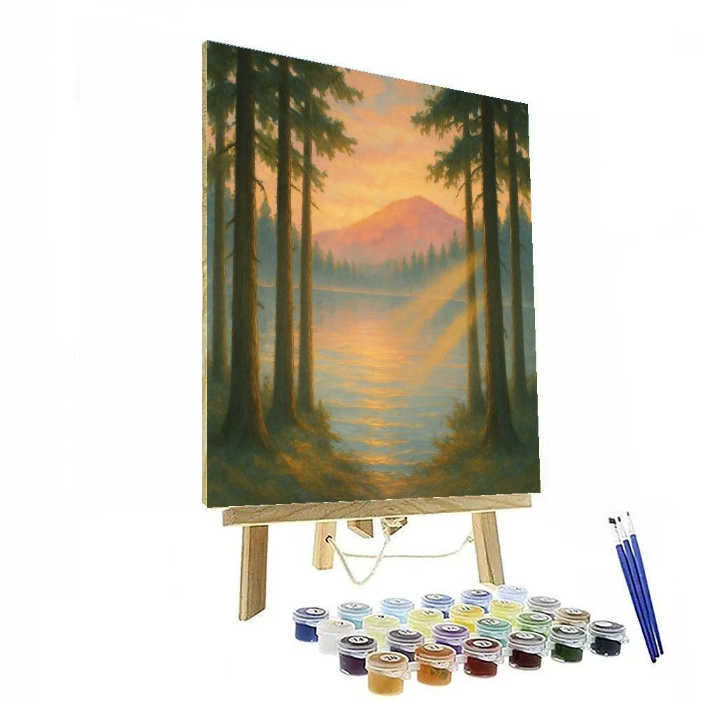 Sunrise Ridge Lake With Light Beams Through Cedars Painting by numbers kit