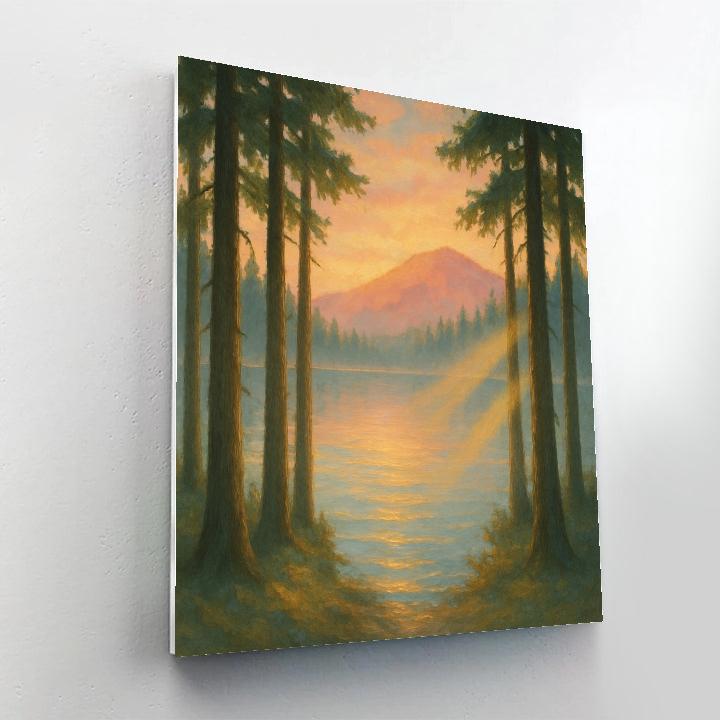 Sunrise Ridge Lake With Light Beams Through Cedars Painting by numbers kit