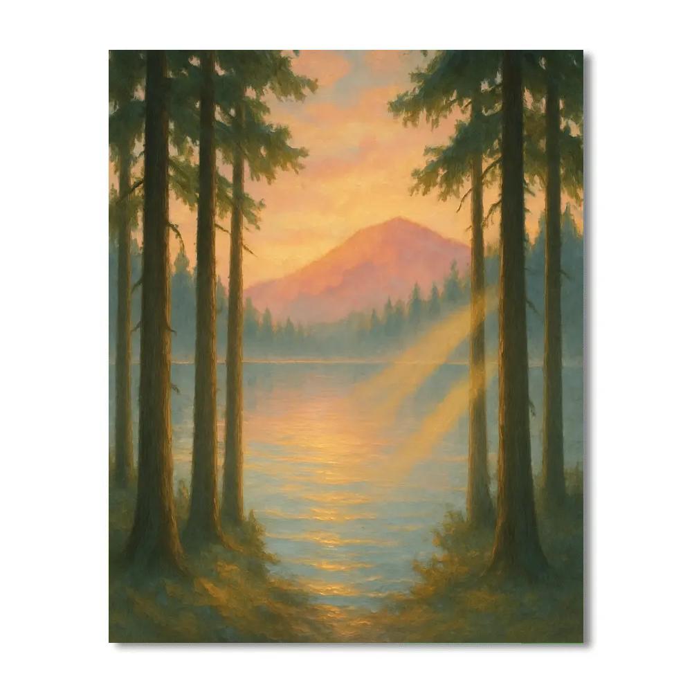 Sunrise Ridge Lake With Light Beams Through Cedars Painting by numbers kit