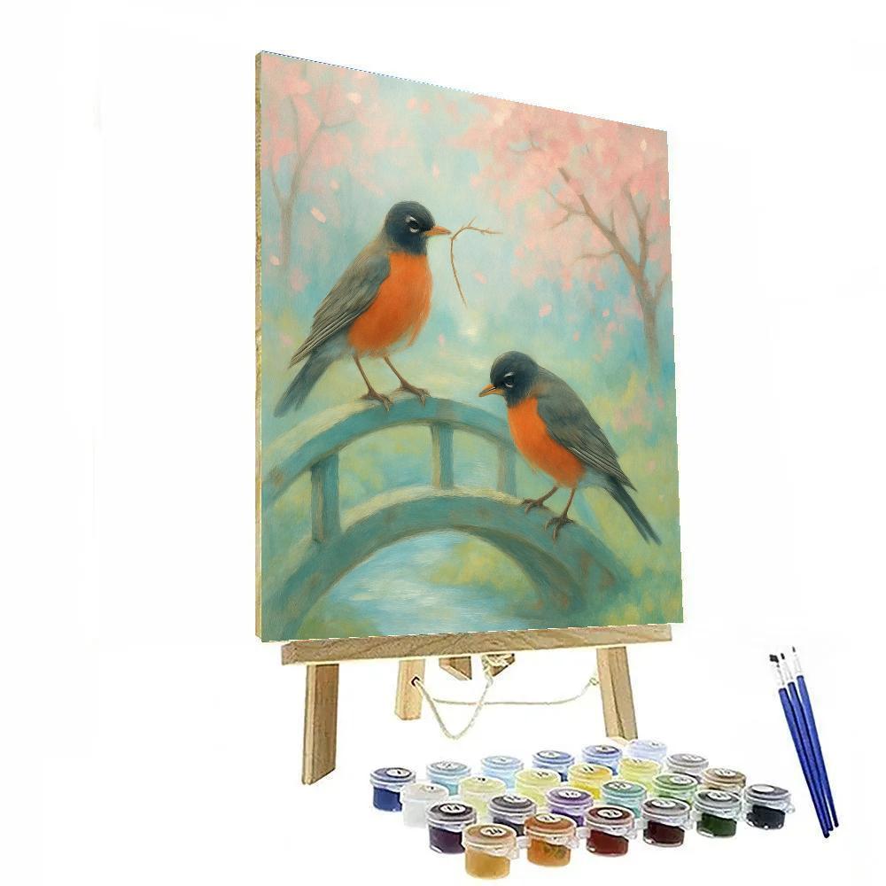 Blossom Bridge Robins In Early Spring Painting by numbers kit