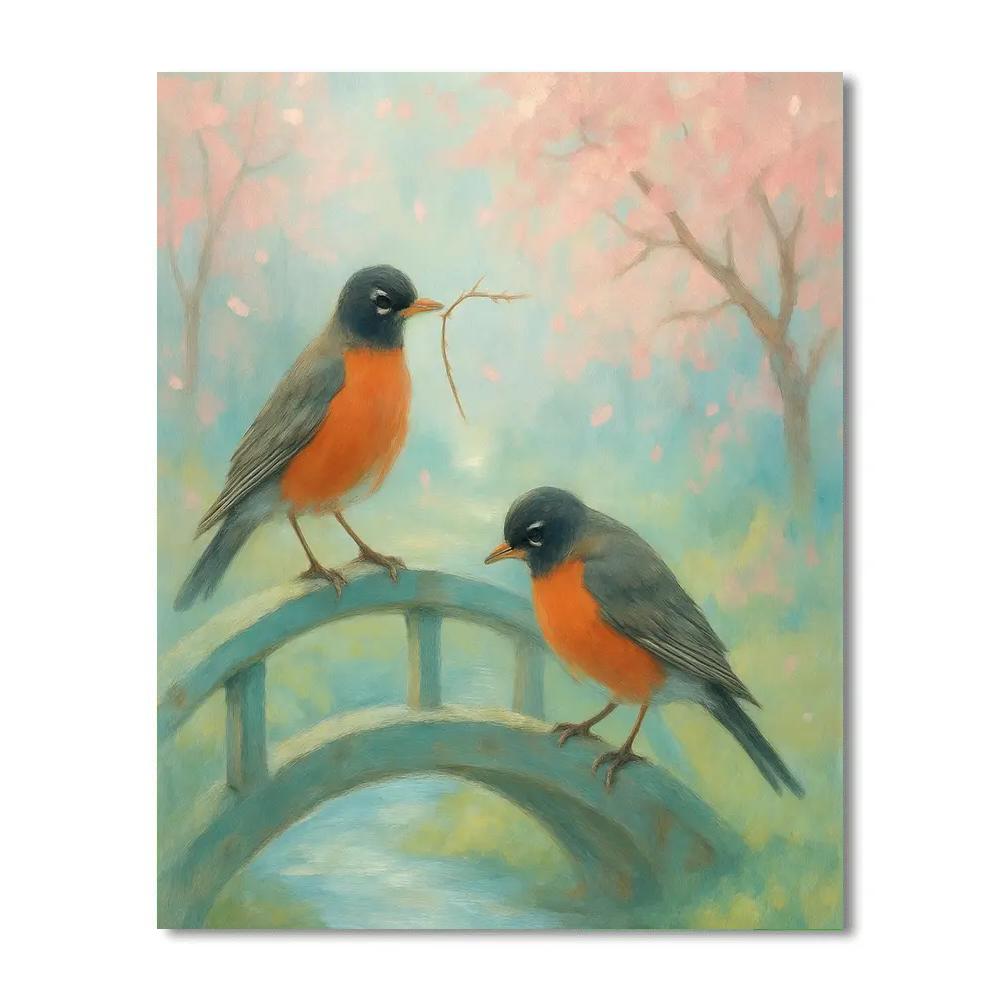 Blossom Bridge Robins In Early Spring Painting by numbers kit