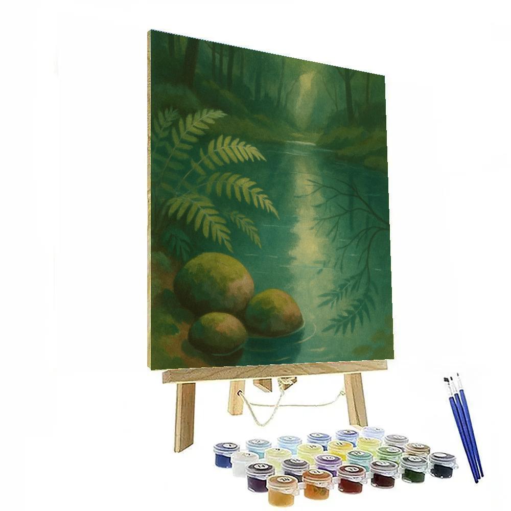 Quiet Forest Pond With Mossy Stones And Fern Shadows Painting by numbers kit