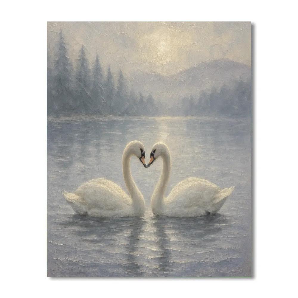 Swans In The Foggy Lake Of Silver Pines DIY paint by numbers
