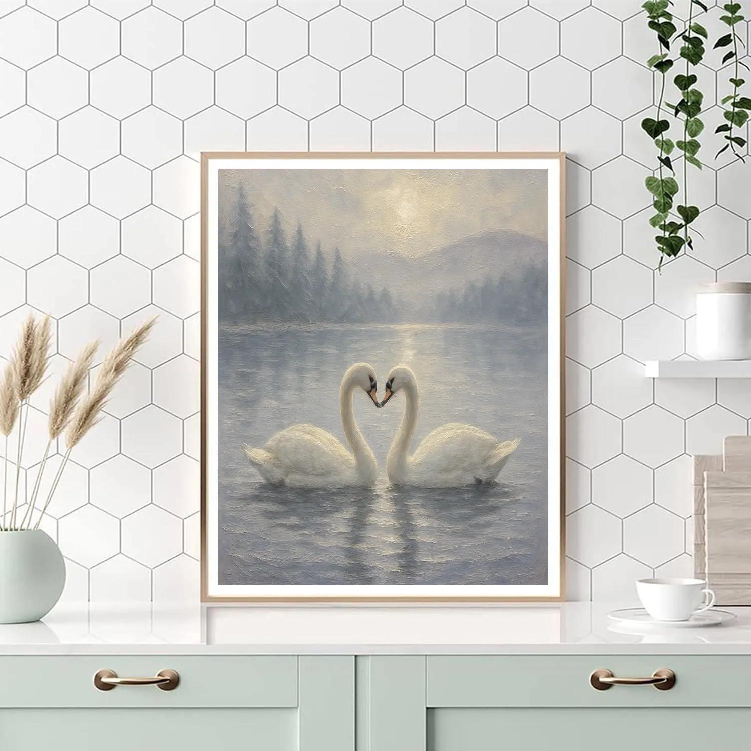 Swans In The Foggy Lake Of Silver Pines DIY paint by numbers