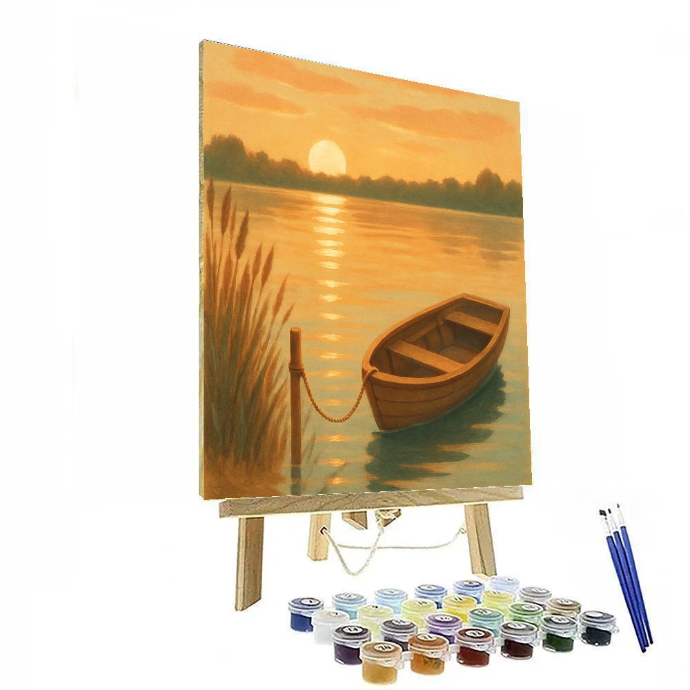 Golden Sunset Rowboat Near Reeded Shore paint by color