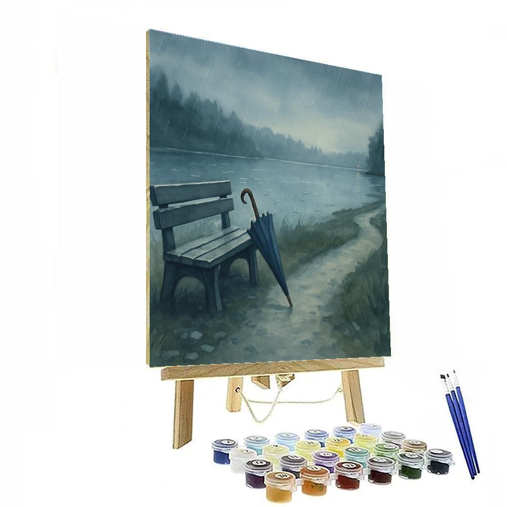 Rainy Blue Hour Lake With Umbrella Path paint by color